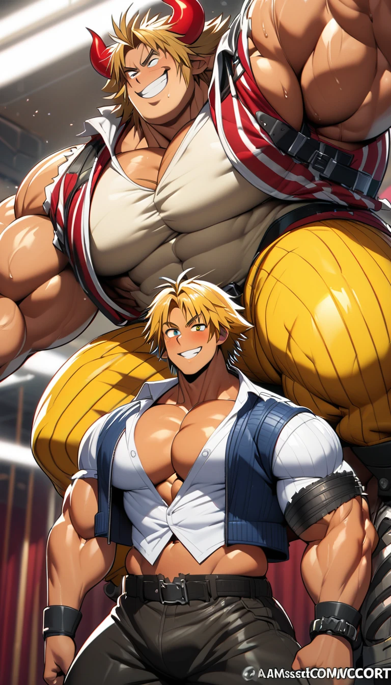 Highest quality,Huge muscles,Full Color,tidus,Massive ,smile wickedly,Open shirt,Shake hard,Devil&#39;s Wings and Tail,Normal position,Huge erect penis,Rubber Suit,Magic circle tattoo,Sex,2boys,((Zoom out,Full body photo)),Stick your tongue out,The devil enters the body,