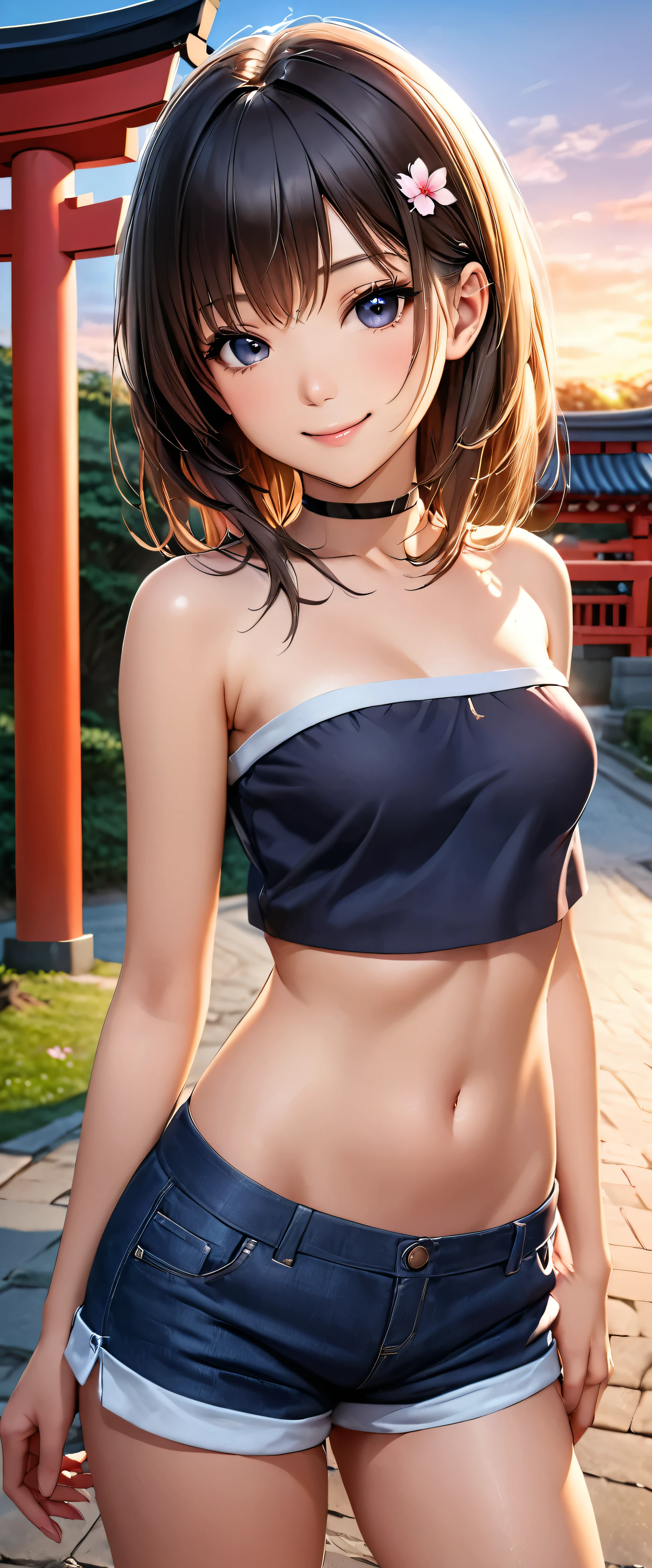 Highest quality, Ultra-high resolution, (Realistic:1.4), One person,  Small breasts, Black choker, smile, Exposing shoulders, Focus Only, View your viewers,Fair skin,sunset,cherry blossoms,Photon Mapping, Physically Based Rendering, RAW Photos, Highly detailed background,K-Pop Idols,Depth of written boundary,torii,cherry blossoms,Hair accessories,Detailed face,Glowing Skin,Game CG,whole body, Micro Shorts,Tube tops