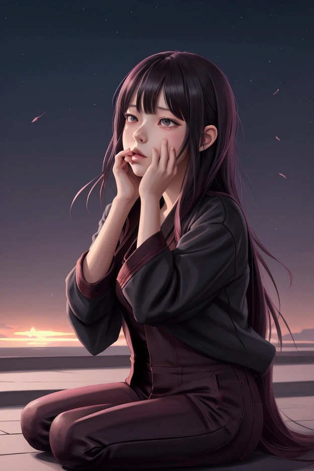 girl sitting on the ground with her hands on her face, artwork in the style of guweiz, guweiz, anime moe artstyle, the anime girl is crouching, by Jin Homura, made with anime painter studio, takato yomamoto. 4 k, emotional concept art, mysterious girl, painted in anime painter studio, beautiful anime scene