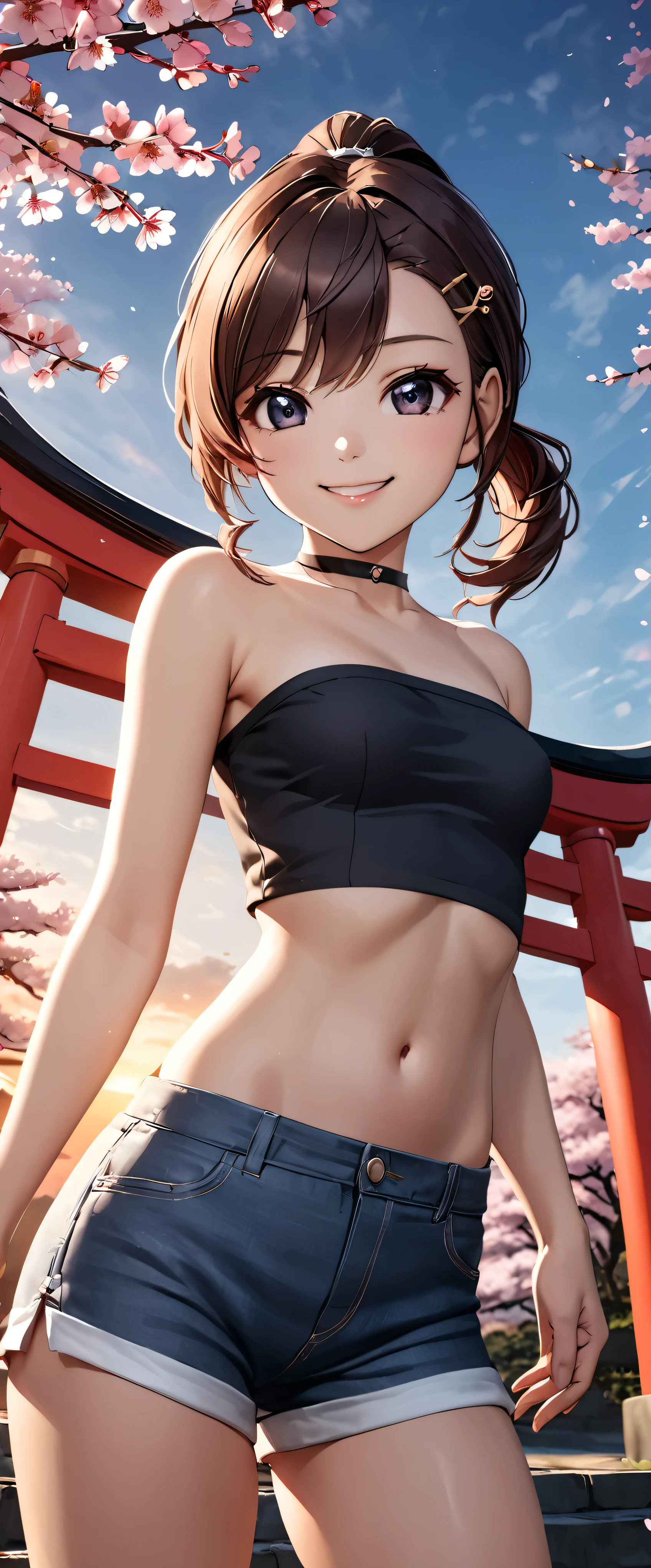 Highest quality, Ultra-high resolution, (Realistic:1.4), One person,  Small breasts, Black choker, smile, Exposing shoulders, Focus Only, View your viewers,Fair skin,sunset,cherry blossoms,Photon Mapping, Physically Based Rendering, RAW Photos, Highly detailed background,K-Pop Idols,Depth of written boundary,torii,cherry blossoms,Hair accessories,Detailed face,Glowing Skin,Game CG,whole body, Micro Shorts,Tube tops,Beautiful ponytail