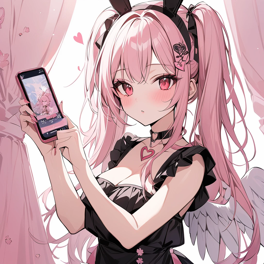 , playing mobile game々）, innocent girl, heart shaped choker, (masterpiece, highest quality), official art, beautiful and aesthetic: 1.2), (1 girl), very detailed, (geometry art: 1.3), punk colorful、pink long hair、bunny ear、 whole body, angel wings, lolita