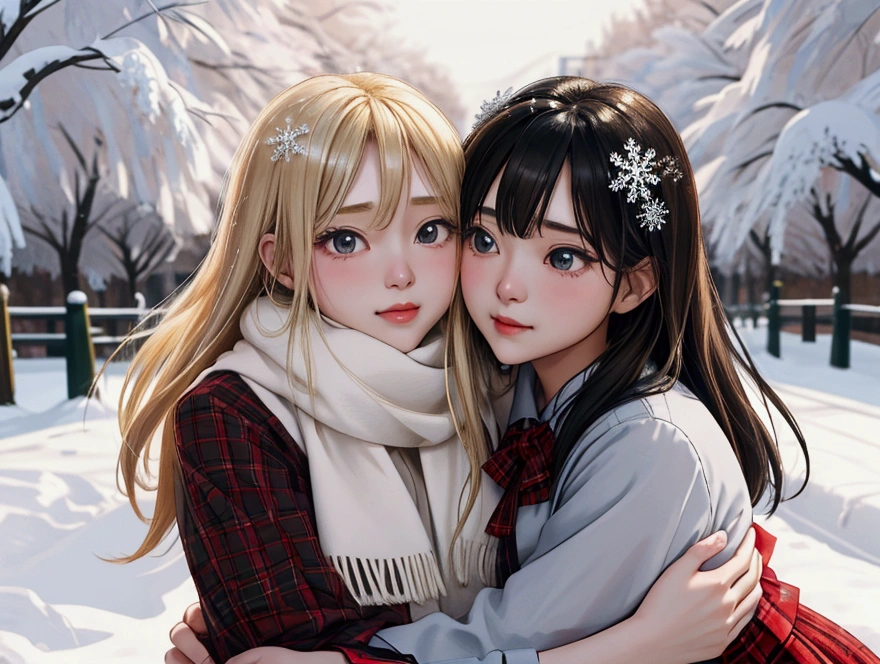 (superflat, flat shading, flat colors:1.1), (winter:1.2), (snow:1.2), (city street), 2girls, petite, loli, blonde hair, white t-shirt, (white panties:1.2), smile, blush, (kiss cheek), selfie, view from below, (low angle), winter, snow, bright sunlight, vibrant colors, best shadows, watercolor,