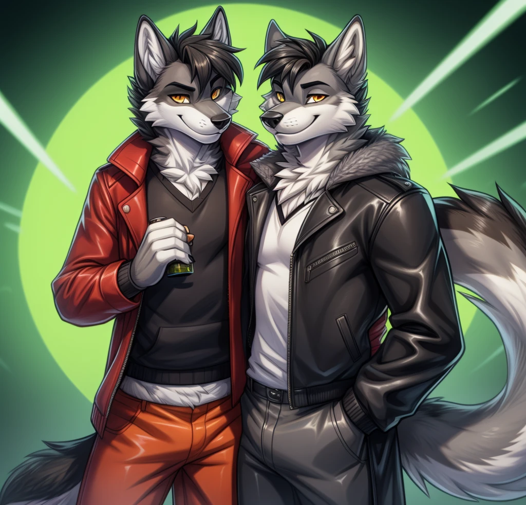 Best quality, Super detailed illustration, cartoon illustration, a furry male grey wolf, yellow eyes, detailed face and body, disheveled thick black short hair, dark grey and white fur, two-tone dark grey and white fur, grey wolf tail, blue and yellow striped leather coat, red pants, smug smile, beautifully detailed eyes, against the background of a green screen, retrowave, skinny, beautiful style