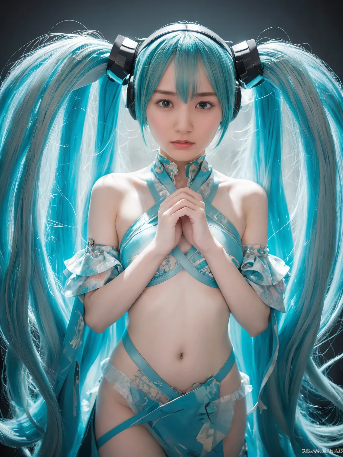 (masterpiece, Best Quality, Best Quality, Official Art, beautifully、Midea:1.2), ,(RAW Photos, Best Quality),(One Girl), (Fractal Art:1.2),Absurd, High resolution, Very detailed, Ultra-precise expression, Alone, ([ "Intertwined:1.2), Floating Hair, Glowing Skin, (Abstract:1.2),View your viewers, (Hatsune Miku cosplay with minimal skin exposure:1.4),Hatsune Miku&#39;s costume with no exposed skin,(flat chest:1.6),(Baby Face，Cute,Adorable),The body is slim,Clothes that expose little skin,