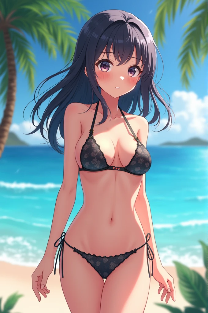 realisitic、top-quality、女の子 1 人、Purple hair、Natural eye color、maikurobikini、beautiful boob 、sand beach、Particles of light、profetional lighting、llight rays、wall-paper、