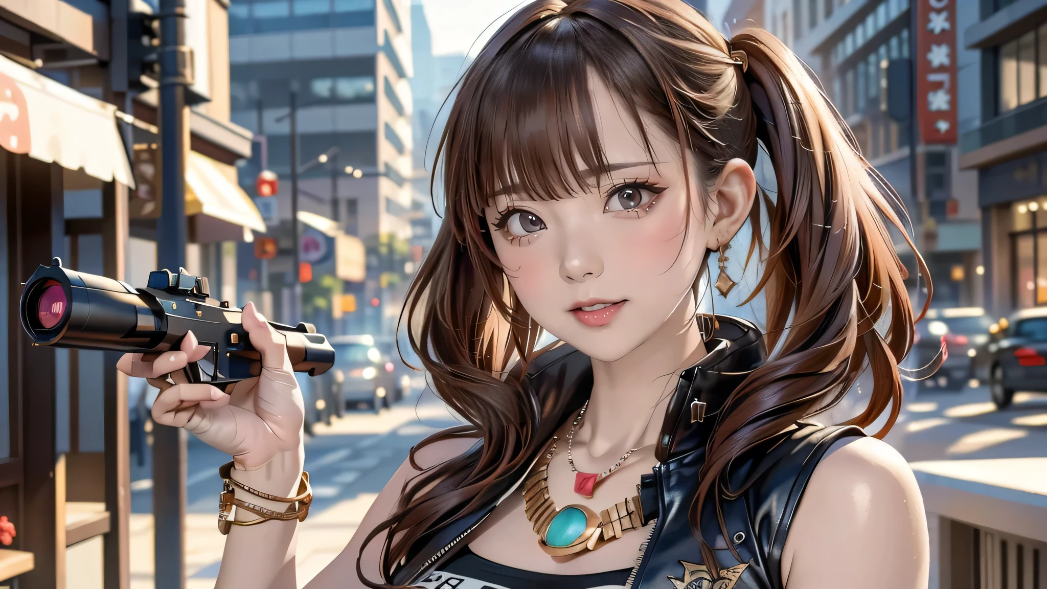 ayabrea, 1girl, solo, crop top jacket, bracelet, necklace, (holding gun), looking_at_viewer, realistic, upper_body, (masterpiece:1.2), (best quality), (ultra detailed), (8k, 4k, intricate), (highly detailed:1.2),(detailed face:1.2), (city background)