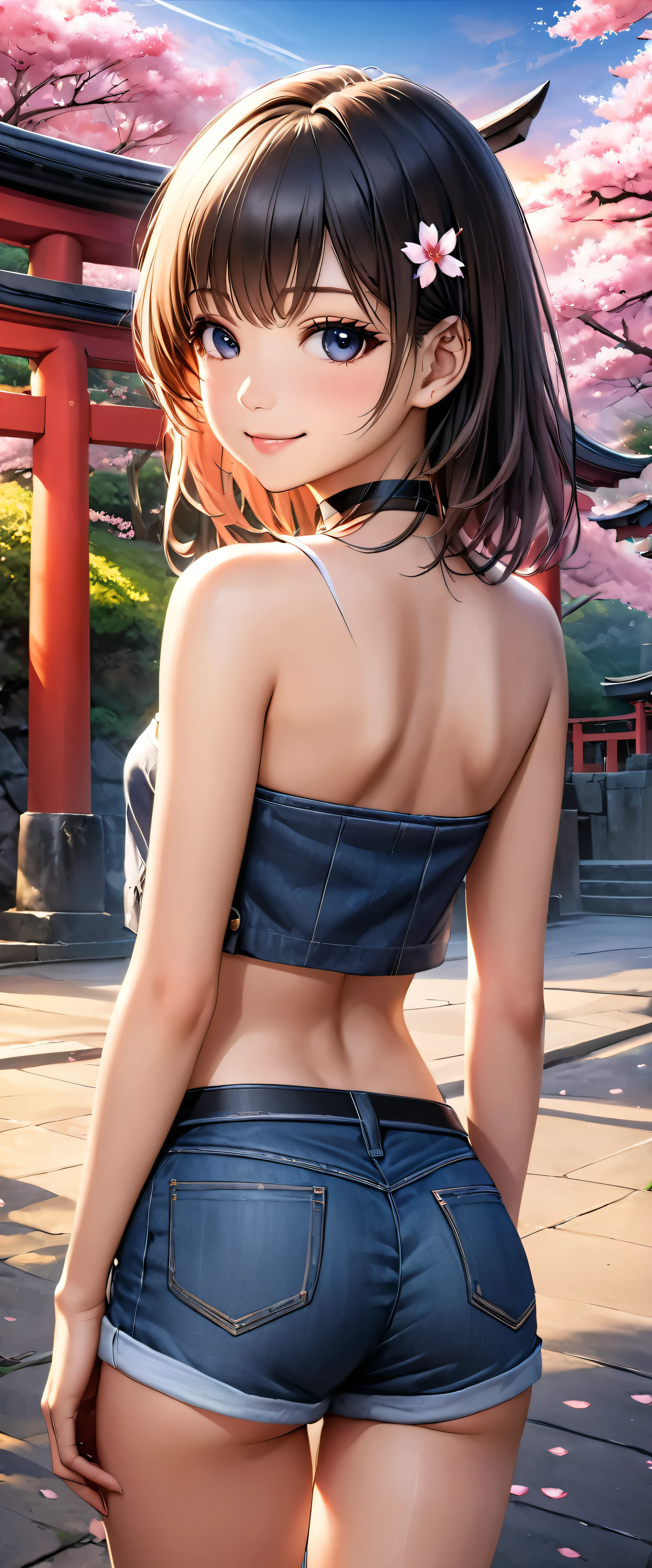 Highest quality, Ultra-high resolution, (Realistic:1.4), One person,  Small breasts, Black choker, smile, Exposing shoulders, Focus Only, View your viewers,Fair skin,sunset,cherry blossoms,Photon Mapping, Physically Based Rendering, RAW Photos, Highly detailed background,K-Pop Idols,Depth of written boundary,torii,cherry blossoms,Hair accessories,Detailed face,Glowing Skin,Game CG,whole body, micro jean shorts,Tube tops,skinny,Fits perfectly against the skin,Turn around and look back