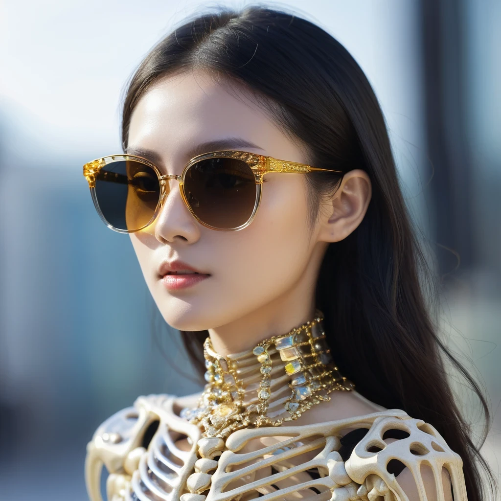 high saturated，Wear reflective sunglasses with a thick gold thread，crystal-clear，Good sense of perspective，Light and shadow effects，16K smooth，The surface is not well lit，Fluttering black hair crystal skeleton，（（Crystal skeleton））
