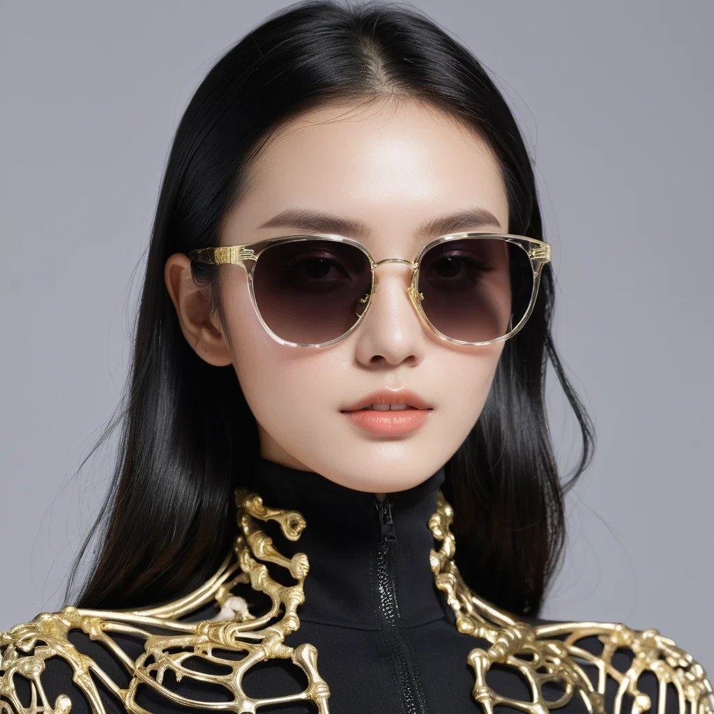 high saturated，Wear reflective sunglasses with a thick gold thread，crystal-clear，Good sense of perspective，Light and shadow effects，16K smooth，The surface is not well lit，Fluttering black hair crystal skeleton，（（Crystal skeleton））
