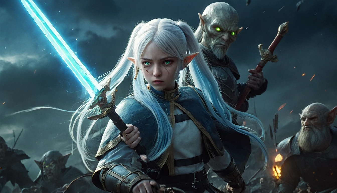 Epic battle scene, photoreal, fantasy, 4 characters, 1 white haired girl, long hair, twintails, pointy eyes, green eyes, white capsule, jewelry, earrings; 1 tall man with sword short blue hair, 1 old dwarf with staff wearing helmet with a huge blonde beard, bright flash of light in the background; silhouettes fading into the light, Frieren watching sadly, battlefield ruins, reddish dark skies, emotional and dramatic lighting, realistic skin and textures, ultra-details, Lord of the Rings style creatures and goblins.