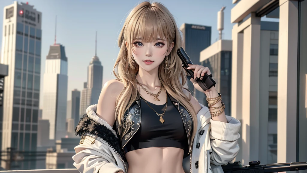 ayabrea, 1girl, solo, crop top jacket, bracelet, necklace, (holding gun), looking_at_viewer, realistic, upper_body, (masterpiece:1.2), (best quality), (ultra detailed), (8k, 4k, intricate), (highly detailed:1.2),(detailed face:1.2), (city background)