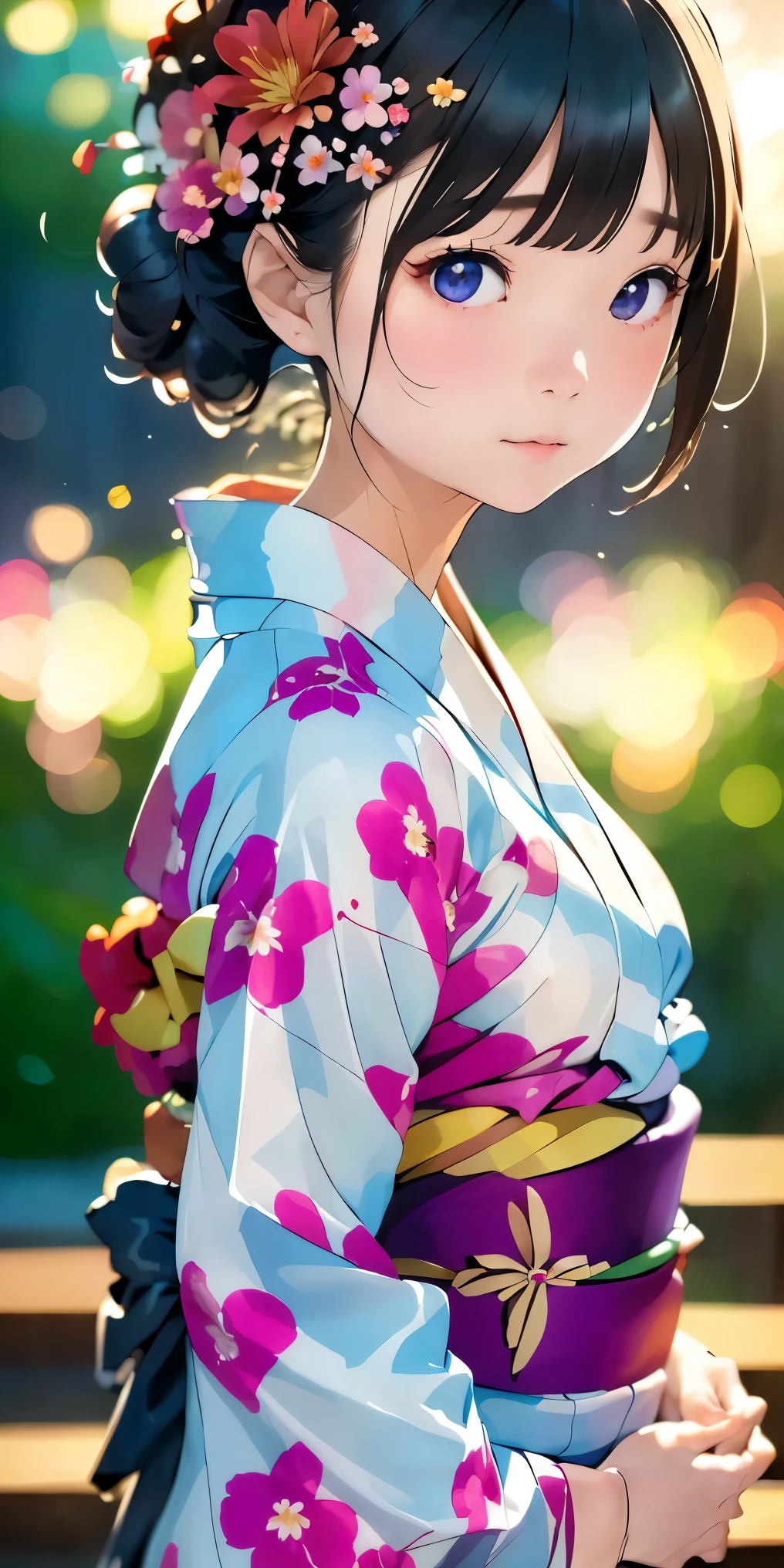 (masterpiece, Best Quality:1.4), Beautiful Face, 8k, 85mm, Absurd, (Floral Yukata:1.4), Face close-up, violet, Gardenia, Delicate girl, Alone, night, View your audience, Upper Body, Film Grain, chromatic aberration, Sharp focus, Face Light, Professional Lighting, Sophisticated, (smile:0.4), (Simple Background, Bokeh Background:1.2), Detailed aspects, (Upper Bodyは裸:1.5), (night空:1.5), (firework:1.5)