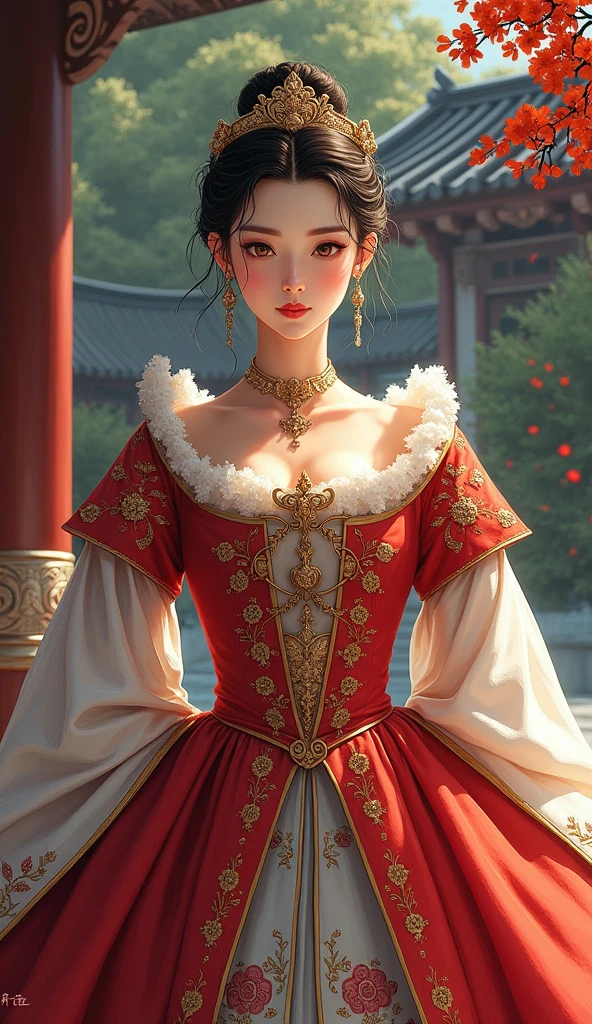 woman, Severe, Warrior, armor, elegant, Pink Dress, Aristocratic, silver element, Long nails, Exposing shoulders, Hairstyle, Put your hair up, Braids and ponytails, Messy, arrogant, Absurd, Detailed dress, Royalty, celebration, Hall decorated with flowers, Cowboy Shot, Portraiture, (Highest quality), (masterpiece), (Very detailed), (4K)