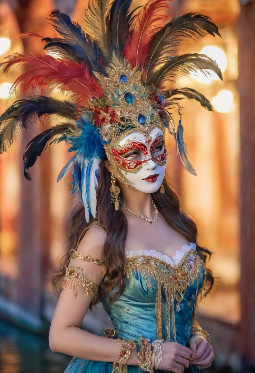 (A girl is wearing a traditional Venetian mask),(Best Quality,High resolution),Detailed face,Beautifully decorated mask,Colorful feathers,Superior Craftsmanship,Gorgeous patterns,Shining Jewels,Mysterious atmosphere,Artistic depiction,Soft lighting,Vibrant colors,Venice Carnival,Classic beauty,Traditional attire,Luxury Fabric,Elaborate headdress,Masquerade,Vibrant atmosphere,Graceful posture,Lots of movement,Celebration and excitement,Historical background,Romantic canal,Reflection on the surface of the water,Gondolas passing by,Elegant architecture,Moonlit Night,fascinating feeling,Masks worn by nobles,Whispered Secrets,Mysterious charm,Unique and captivating visuals.