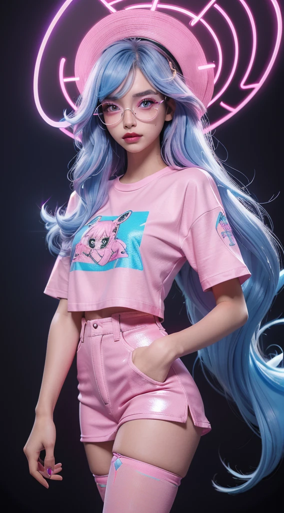 Masterpiece, exquisite, 8k, 1 girl, luminous skin, exquisite long hair, silver | pink | blue hair, exquisite makeup, lipstick, eye shadow, eyeliner, Cowboy, Laser T-shirt, pink Cowboy hat, (Phosphor stockings:1.2), Cyberpunk, neon light, blue purple light, shining, (technology city:1.2), (bright, daytime,:1.1), (color lens glasses:1.1)<lora:LASER-V1:0.7> <lora:3DMM_V10:0.5>