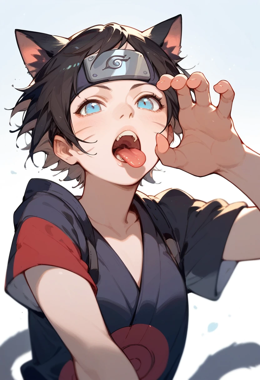 (Anime NARUTO), ３Frame division ,Short Hair,Black Hair,Angled,Sharp perspective,sight induction,Twisting pose,Cat ears,Cat Pose,Tongue licking,