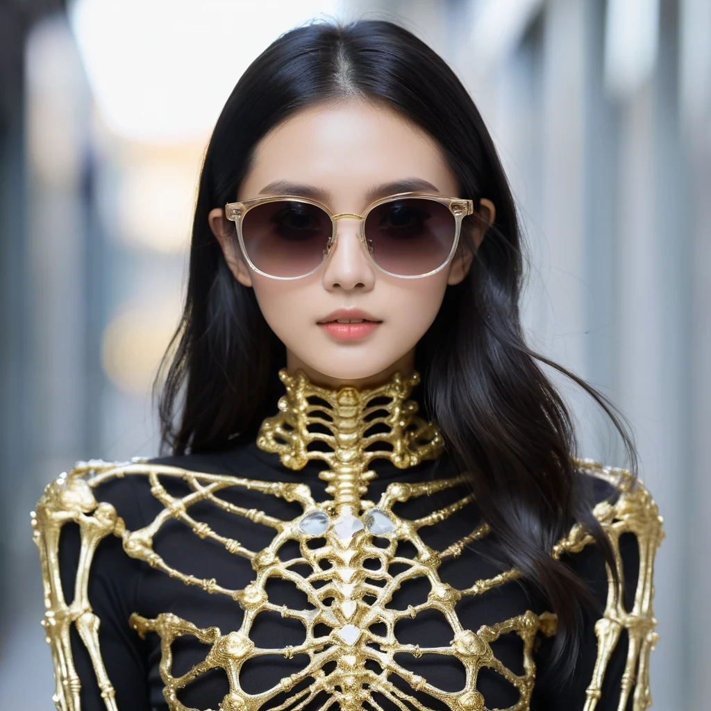 high saturated，Wear reflective sunglasses with a thick gold thread，crystal-clear，Good sense of perspective，Light and shadow effects，16K smooth，The surface is not well lit，Fluttering black hair crystal skeleton，（（Crystal skeleton））
