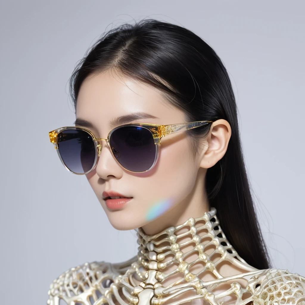 high saturated，Wear reflective sunglasses with a thick gold thread，crystal-clear，Good sense of perspective，Light and shadow effects，16K smooth，The surface is not well lit，Fluttering black hair crystal skeleton，（（Crystal skeleton））
