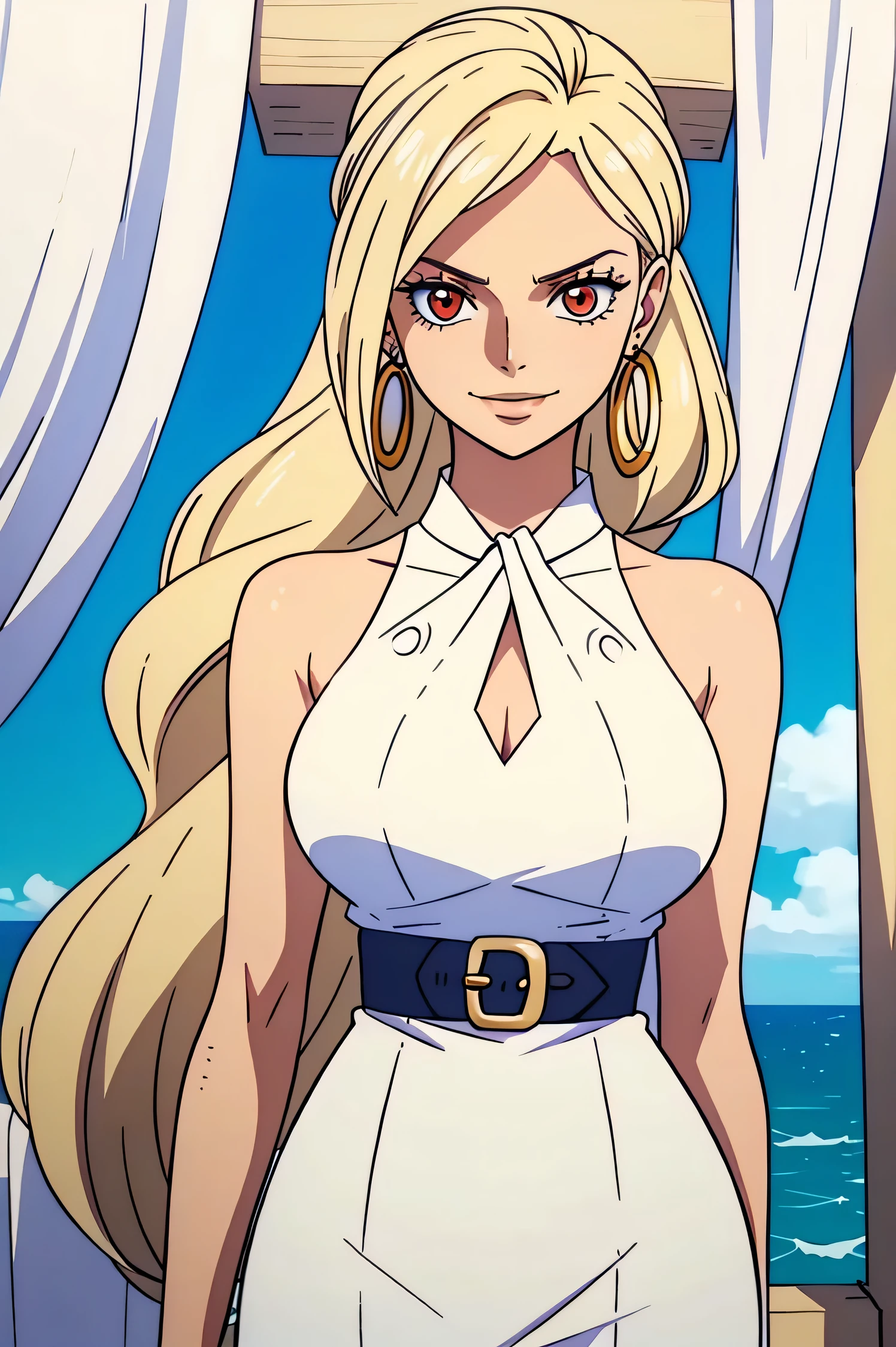 Create an image of a tall woman with platinum blonde hair and red eyes. She wears hoop earrings and a dress with a knot at the neckline, paired with a large belt around her waist. Her expression is a smirking, mischievous smile. The background features a serene sea, adding a contrasting element to her bold appearance. The scene is vibrant and captivating, emphasizing her striking look and the tranquil maritime setting.