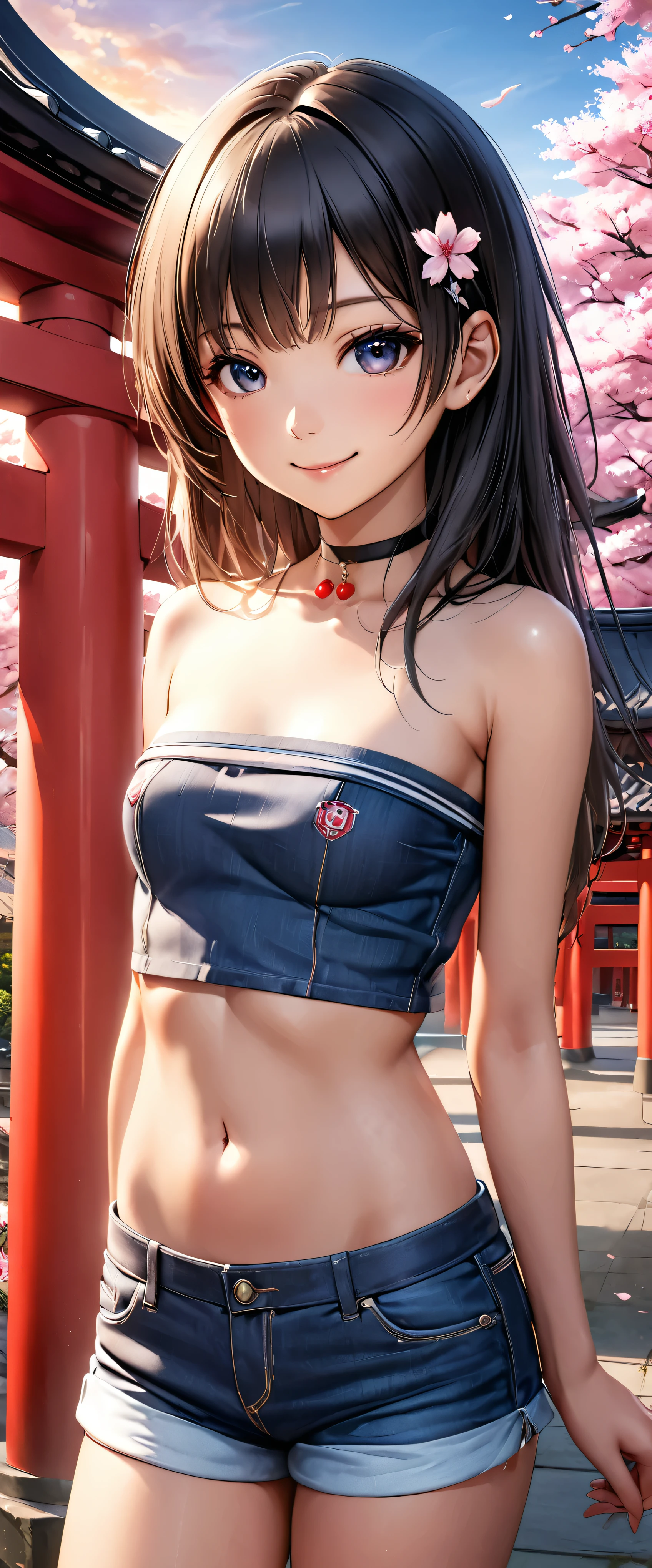 Highest quality, Ultra-high resolution, (Realistic:1.4), One person,  Small breasts, Black choker, smile, Exposing shoulders, Focus Only, View your viewers,Fair skin,sunset,cherry blossoms,Photon Mapping, Physically Based Rendering, RAW Photos, Highly detailed background,K-Pop Idols,Depth of written boundary,torii,cherry blossoms,Hair accessories,Detailed face,Glowing Skin,Game CG,whole body, micro jean shorts,micro tube top,skinny,Fits perfectly against the skin