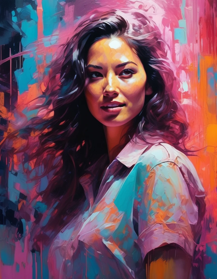 ((olvmnnpsy, curvy, plump woman looking straight into the camera, smiling)), art: Henry Asencio, close-up, lava lamp captured in ultra-realistic style, posing in the undulating glow of a neon atmosphere reminiscent of Syd Mead's futuristic aesthetic, the lava inside the lamp seamlessly morphs, soft focus background, neon glow, digital painting, dramatic lighting , artstation trend, sharp focus, studio photo, intricate details, high detail,