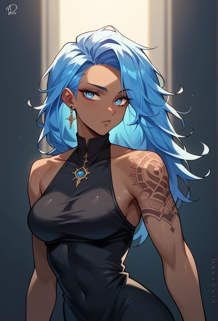 Dark skinned woman, long blue hair, Black dress , tattoos, blue eyes,