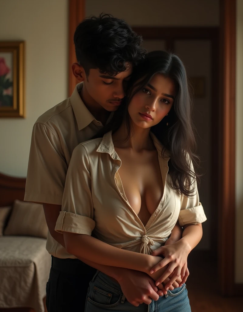 Indonesian couple that consists of a young slim tiny georgeus girl and an old macho erection man, as the father and his daughter, the man has a normal big erection penis, very detail, very realistic, natural, no underwear, no bra, no panty, full naked, nude, in the bathroom, both love each other and very horny, the father touching the girl's vagina want to make love,