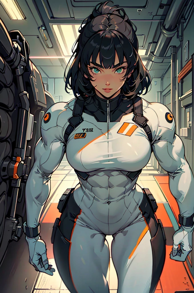 (((muscular girl thick large breasts toned body))) sad girl black hair yellow eyes pale skin (mecha mecha)