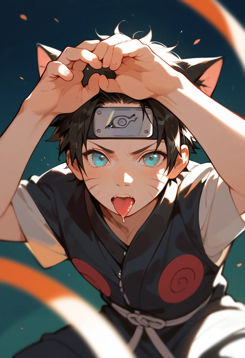 (Anime NARUTO),Short Hair,Black Hair,male,Angled,Sharp perspective,sight induction,Twisting pose,Cat ears,Cat Pose,Tongue licking,