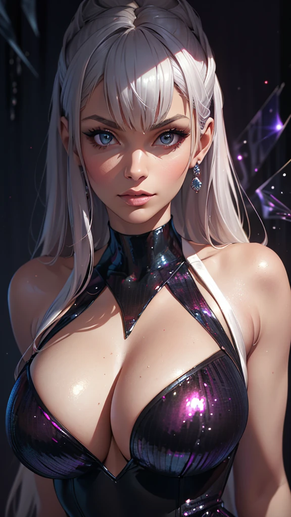 (Best quality, masterpiece, highly detailed, realistic, absurdres), sexy, cleavage, beautiful and enchanting woman in a very sexy sequin sleeveless halter neck silver-pink-white deep plunging dress, with an ethereal aura in a captivating fantasy realm, stylish, cool, edgy, fancy, luxurious, sensual, sexual, seductive,