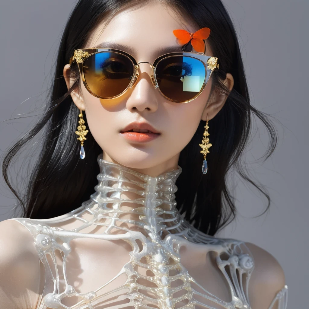 high saturated，Wear reflective sunglasses with a thick gold thread，crystal-clear，Good sense of perspective，Light and shadow effects，16K smooth，The surface is not well lit，Fluttering black hair crystal skeleton，（（Crystal skeleton））
