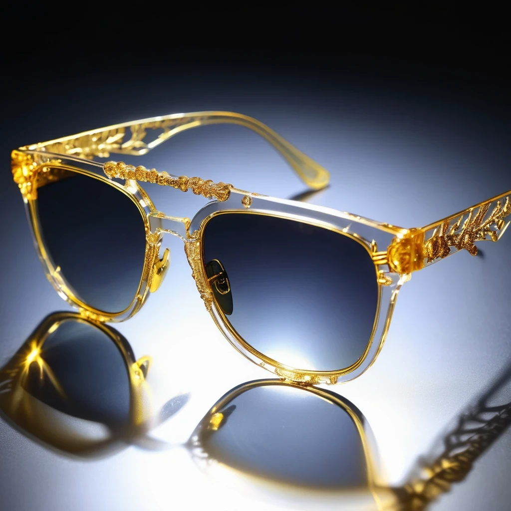 high saturated，Wear reflective sunglasses with a thick gold thread，crystal-clear，Good sense of perspective，Light and shadow effects，16K smooth，The surface is not well lit，Fluttering black hair crystal skeleton，（（Crystal skeleton））
