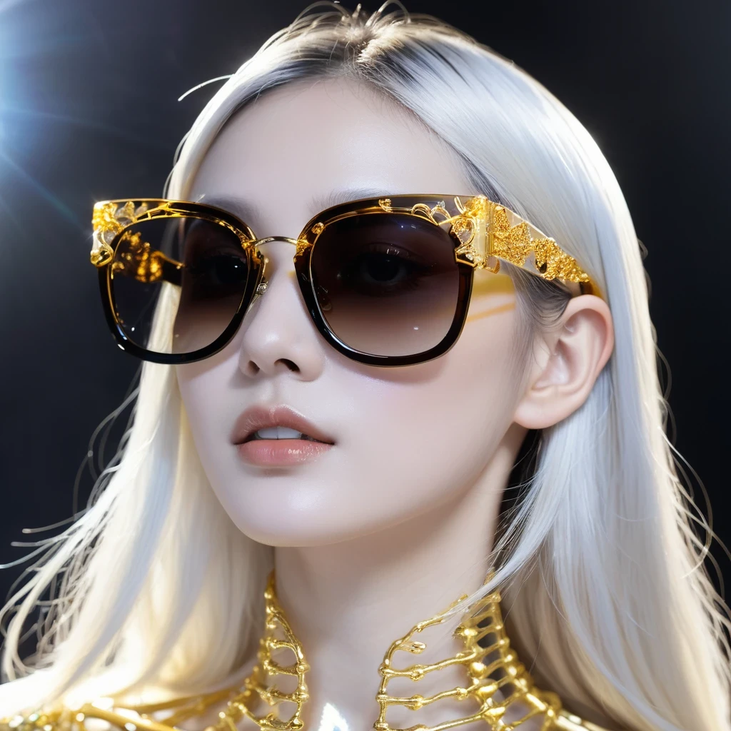 high saturated，Wear reflective sunglasses with a thick gold thread，crystal-clear，Good sense of perspective，Light and shadow effects，16K smooth，The surface is not well lit，Fluttering black hair crystal skeleton，（（Crystal skeleton））
