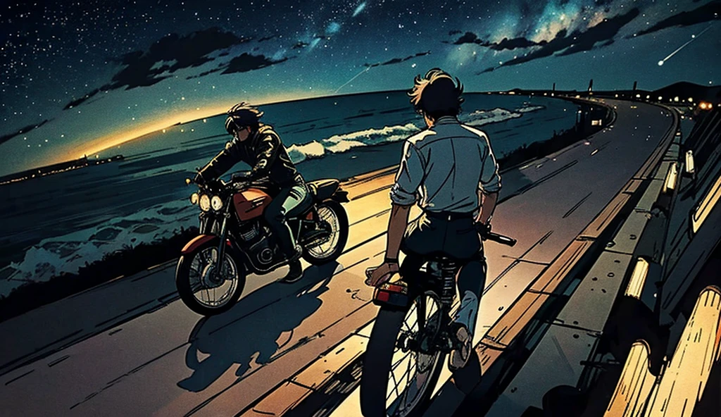 (Top quality)(masterpiece)(Very delicate writing)
(80s style anime),A man riding a Harley is riding down a road overlooking the coast at night,The sky is filled with stars.