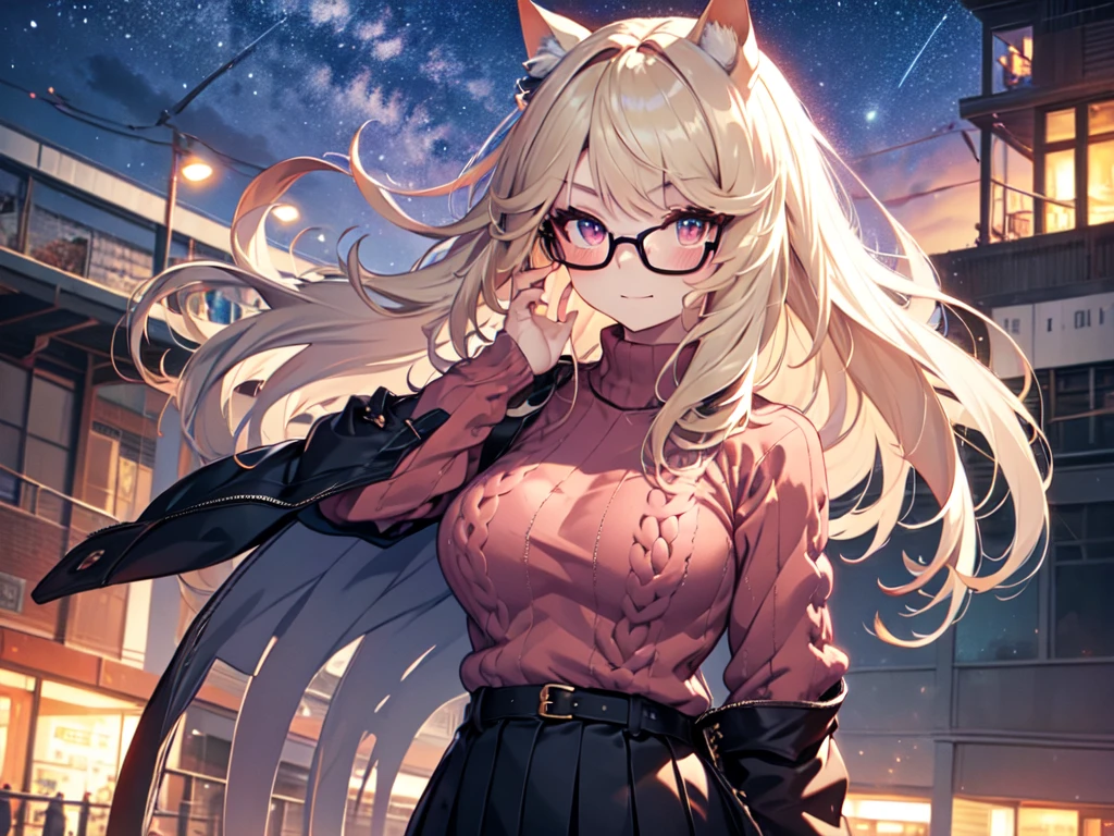 solo、alone、woman、Cat ears、Big Breasts、Kneeling and bending forward、Mature Woman、(Wearing pink glasses)、Cheek makeup、(Red Cable knit sweater)、Long skirt、Starry Sky、Night Sky、Strong winds、Center of chest、Smug face、Blonde、Long Hair、Red Eye、Half Twin、Cut-in、UHD、masterpiece、correct、Super detailed、high detail、Awards、Best Quality、High resolution、8k