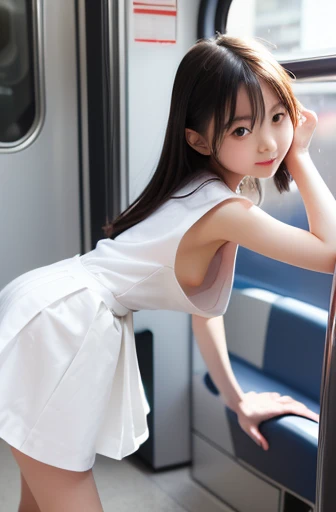 Japanese girl　(Girl body type)　Young face　Short and slender figure　Narrow shoulders　Detailed face　Very cute　((Small breasts))　Accurate nipple position　(White dress)　(Long Skirt)　Hold the skirt in your hands　　(No bra)　(Her nipples are slightly visible through the gaps in her clothes)　Small nipples　(Nipples are hard and erect)　Side view of a girl　On the train　(An innocent smile)