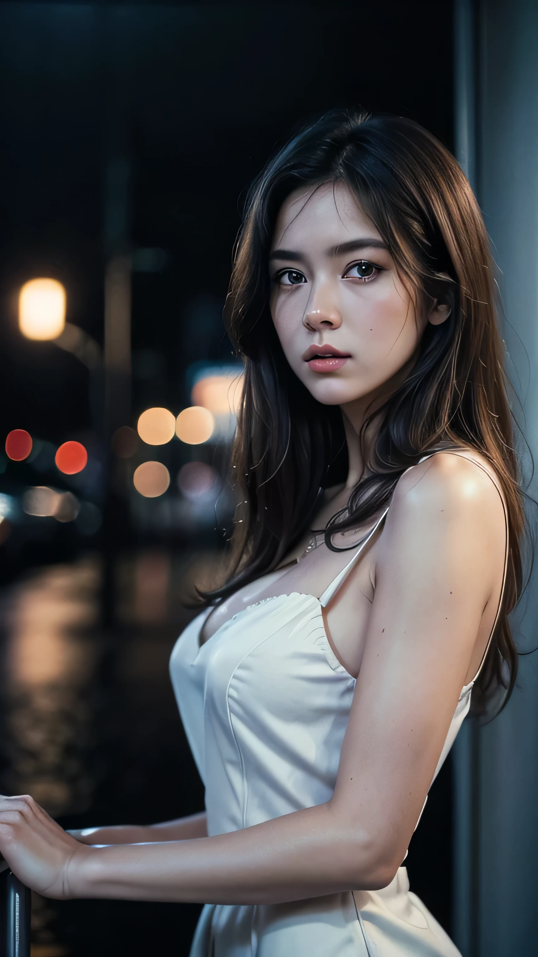 1 girl,standing alone,long hair,rough skin,(gazing at viewer:1.2),hair wet,micro_shorts,tenebrosa,Polaróioff,(profundidaoff_off_fild:1.5),rainy days,plein-air,Street,hair between the eyes,moody lighting,Tyndall effect,cinematic lighting,natta,poste off iluminação,reflexo off lente,available light,luz off aro,Luzes off néon brilhantes,curved,Chinese_styled,granoffs peitos,no clothing