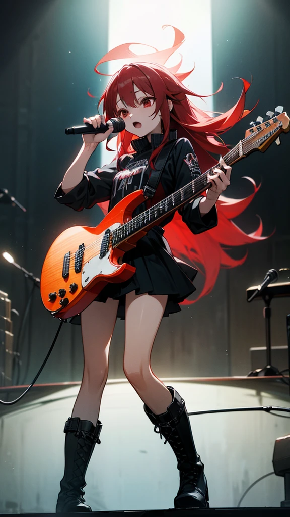 female metal guitar player, long red hair in pony tail, blue eyes, single tattoo on arm, high heels, short skirt, thight top, playing heavy metal, using jackson guitar, on dark stage