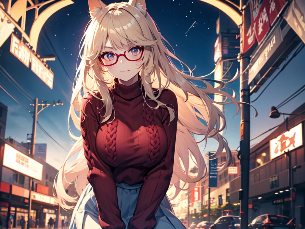 solo、alone、woman、Cat ears、Big Breasts、Kneeling and bending forward、Mature Woman、(Wearing pink glasses)、Cheek makeup、(Red Cable knit sweater)、Long skirt、Starry Sky、Night Sky、Strong winds、Center of chest、Smug face、Blonde、Long Hair、Red Eye、Half Twin、Cut-in、UHD、masterpiece、correct、Super detailed、high detail、Awards、Best Quality、High resolution、8k