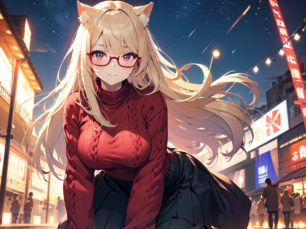 solo、alone、woman、Cat ears、Big Breasts、Kneeling and bending forward、Mature Woman、(Wearing pink glasses)、Cheek makeup、(Red Cable knit sweater)、Long skirt、Starry Sky、Night Sky、Strong winds、Center of chest、Smug face、Blonde、Long Hair、Red Eye、Half Twin、Cut-in、UHD、masterpiece、correct、Super detailed、high detail、Awards、Best Quality、High resolution、8k