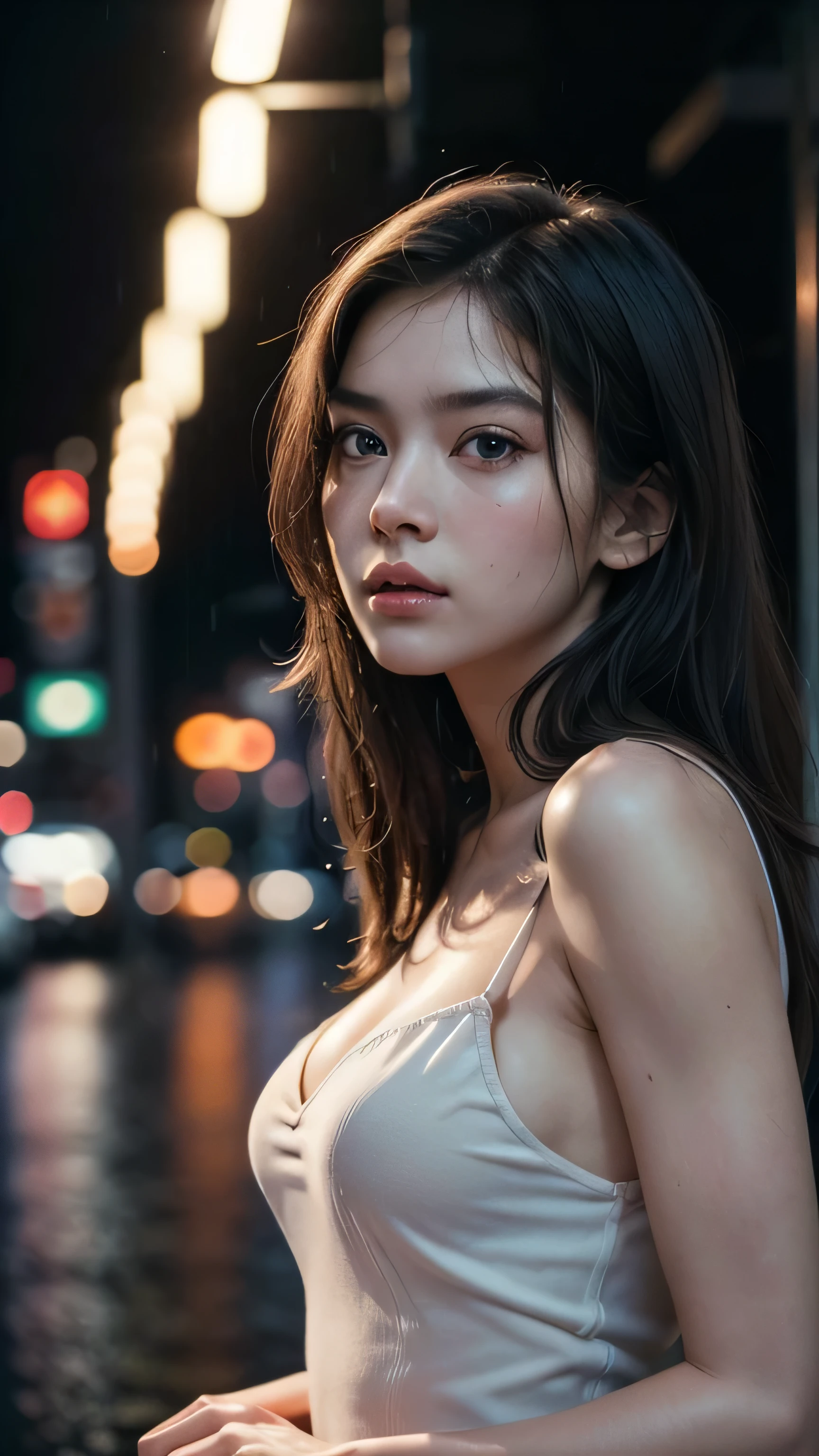 (8k, RAW photo, best quality, masterpiece: 1.2), (realistic, photorealistic: 1.37), 1 girl, Japan, 32 years old, female, beautiful, Tokyo cityscape, night, professional lighting, photon mapping, radiosity, ripped, big, pure white and very small knitted with protruding tips, areola protruding, pubic shape clearly visible, gal, lots of lashes , Lame on the eyelids, pitch black lip, pitch black heels, pubic hair, lower abdomen bristles, slender, crotch open, are large and likely to spill out of the bra, pubic hair is very large, pubic hair is very protruding,