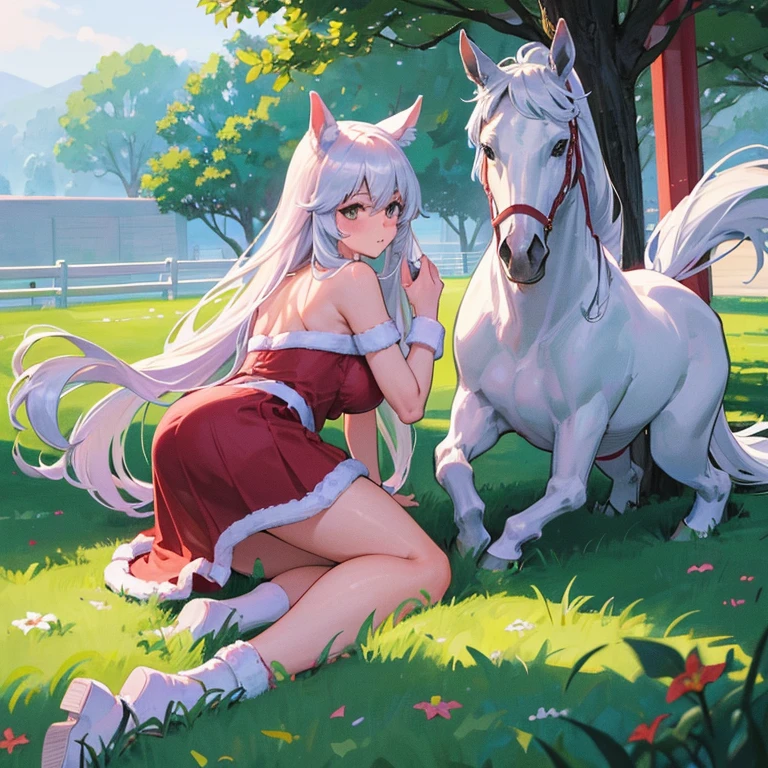 Gold Ship、Silver Hair、woman、smile、1 person、horse ear、smug face、Micro Bikini、Thighs、Full body view、Leading a white horse、stable、straw、Beautiful eyes、Belly out、Beautiful belly、Skinny、Deep pink eyes、sexy、Horse、Big dick、Horses have dicks、Giant dick、Red dick、Horse genitals、Horse and SEX、Mating、Excited Horse