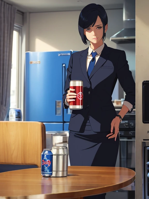 A career woman, 3, wearing a suit、1 person、Hairstyle: Short Hair Permanent、Underneath is a tight navy blue skirt、With a tired look on his face, he takes out a can of beer from the refrigerator at home and drinks it.、Sit deep on the black sofa,Drinking a can of beer with the right hand、