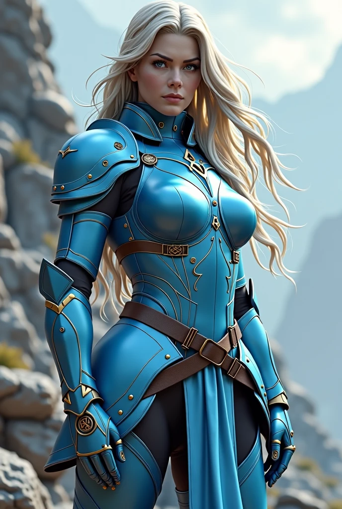 BarghestStage1, 1fille, silver armor, cheveux longs, cheveux blonds, seulement, Gantelets, Pauldrons, shoulder armor, Cornes, cuirasse, chain, gros seins, poitrine, frange, Regarder le spectateur, arme, Faulds, yeux bleus, ,