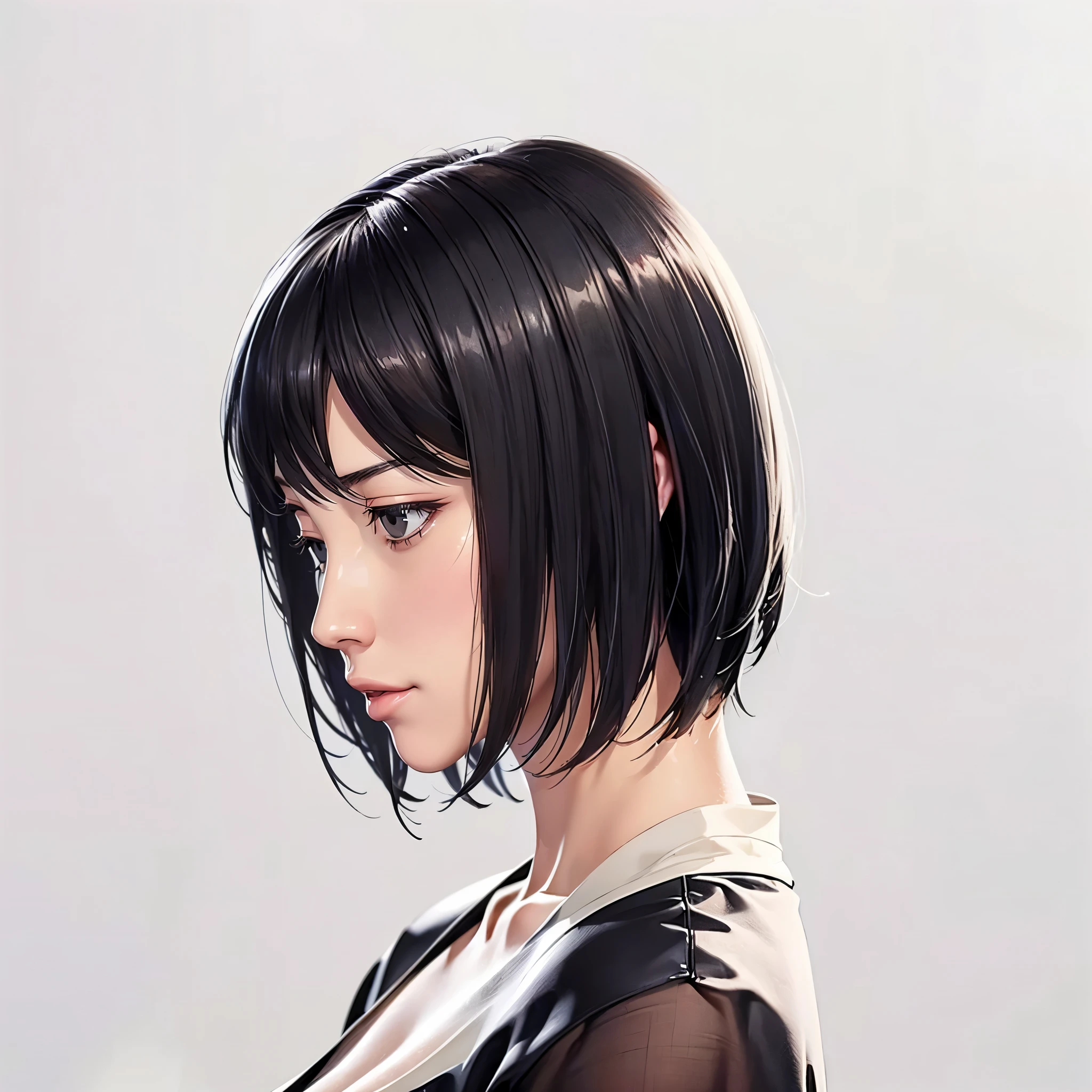 (((Perfect body,White and tender skin,(((black kimono,Black clothes, mesh underwear, purple belt,))),(((shizune,Black hair, short hair, black eyes))),((masterpiece)),highres,((Best quality at best)),masterpiece,quality,Best quality,((( Exquisite facial features,Looking at the audience,There is light in the eyes,Smile,happy ))),Huge breasts,Woman looking down in thought,Tyndall effect,)))