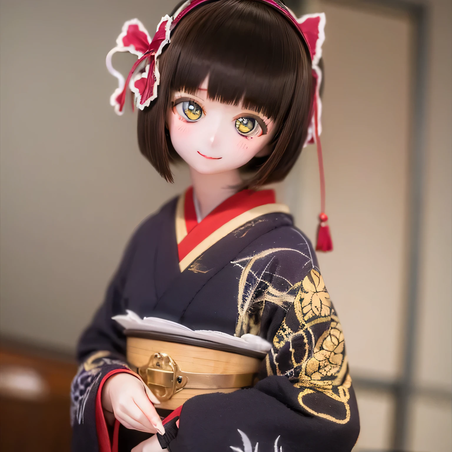 (highest quality,High resolution,masterpiece:1.2),Very detailed,Realistic,(Me in a kimono,Beautiful details,Beautiful lip detail,Very detailed目と顔,Long eyelashes),Traditional Japanese,geisha,hairpin,Delicate embroidery,Floral,Sleeves flow,harmonious colors,Soft lighting、Smiling face with a fan、Bobcut、Black Hair