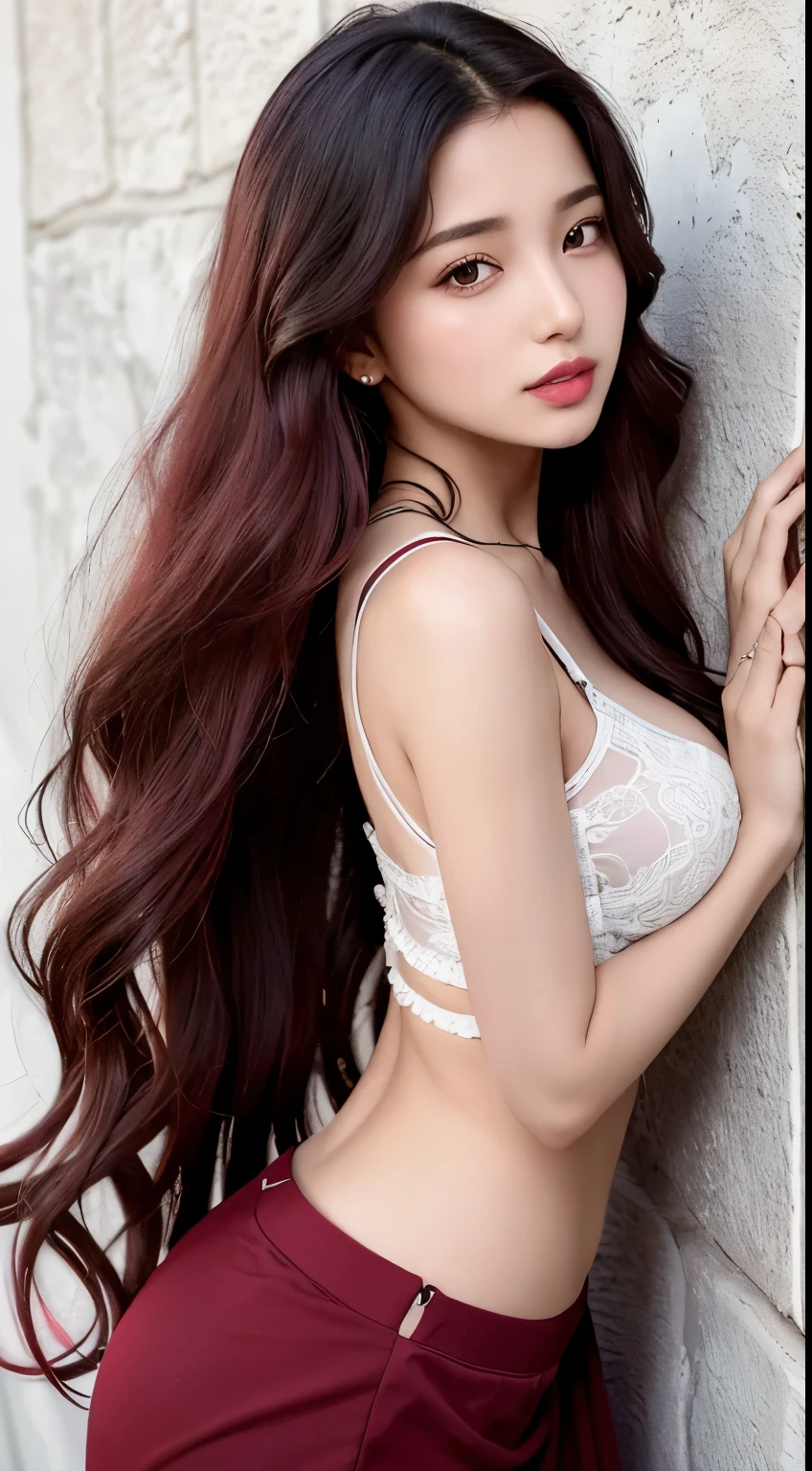 20 year old girl, sexy model, red theme, long hair, high contrast (Natural skin texture, Hyperrealism, Soft Light, sharp), portrait, standing, kpop