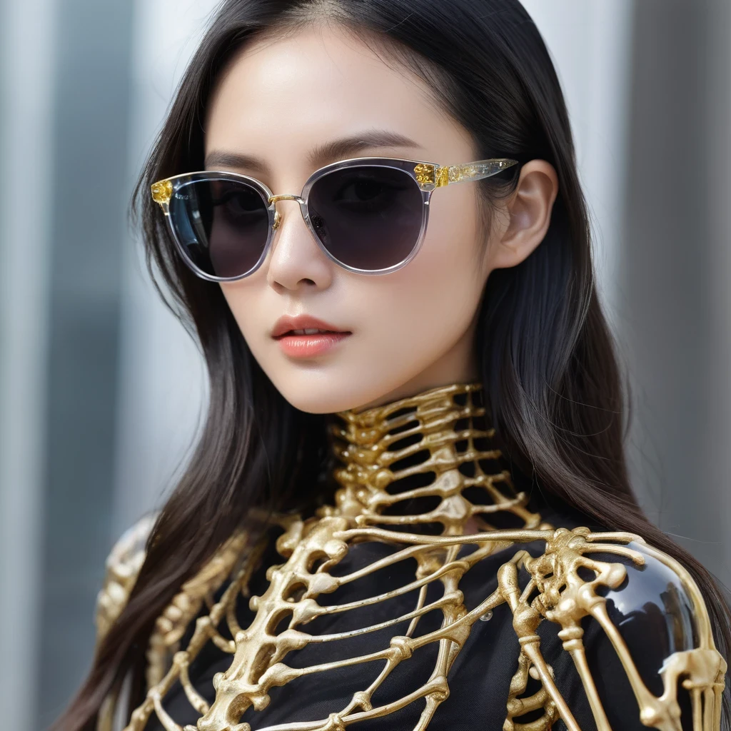 high saturated，Wear reflective sunglasses with a thick gold thread，crystal-clear，Good sense of perspective，Light and shadow effects，16K smooth，The surface is not well lit，Fluttering black hair crystal skeleton，（（Crystal skeleton））
