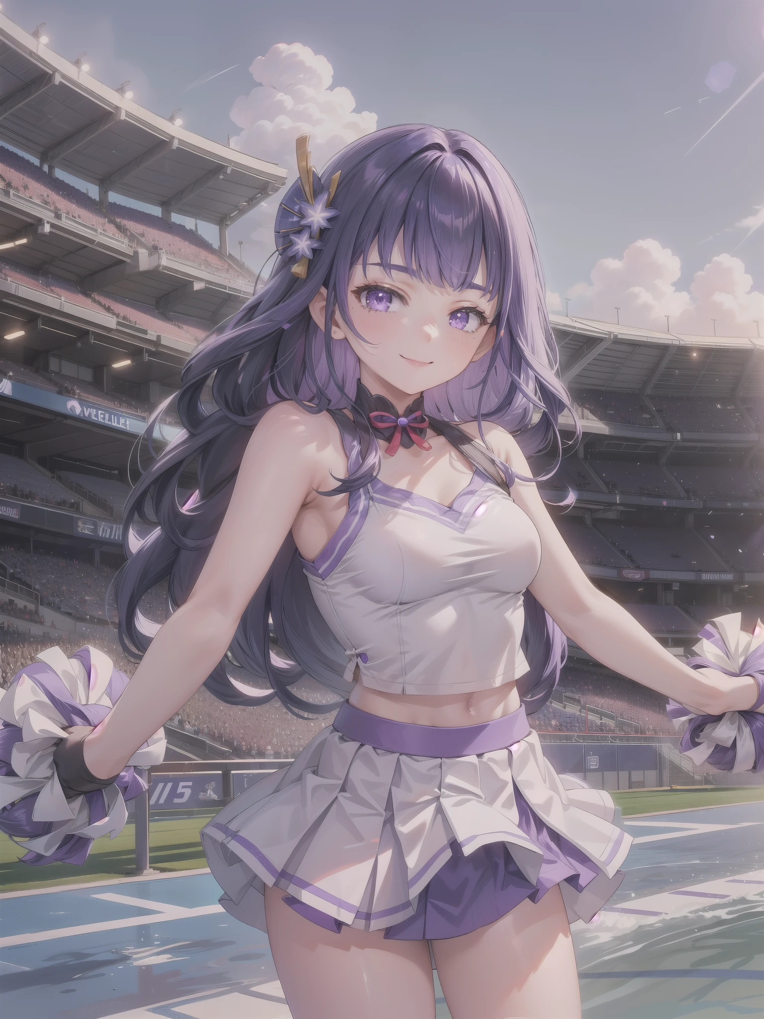 girl, medium breasts, Periwinkle with white tank top, Periwinkle skirt, cheerleader, Periwinkle pom, Japan Stadium, wink, smile, Raiden Shogun, Raiden, Purple long hair, Japan Stadium background, purple cheerleaders on both hand,