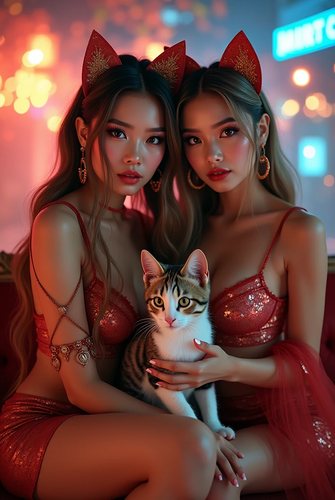 a beautiful woman with fox ears, another woman with orange lingerie, huge buttocks, sitting on a massage bed, in a beautiful spa, (best quality,4k,8k,highres,masterpiece:1.2),ultra-detailed,(realistic,photorealistic,photo-realistic:1.37),HDR,UHD,studio lighting,ultra-fine painting,sharp focus,physically-based rendering,extreme detail description,professional,vivid colors,bokeh,detailed eyes,detailed lips,extremely detailed eyes and face,long eyelashes,1girl,1girl wearing orange lingerie,2girls,sensual pose,sensual,intimate,seductive,erotic